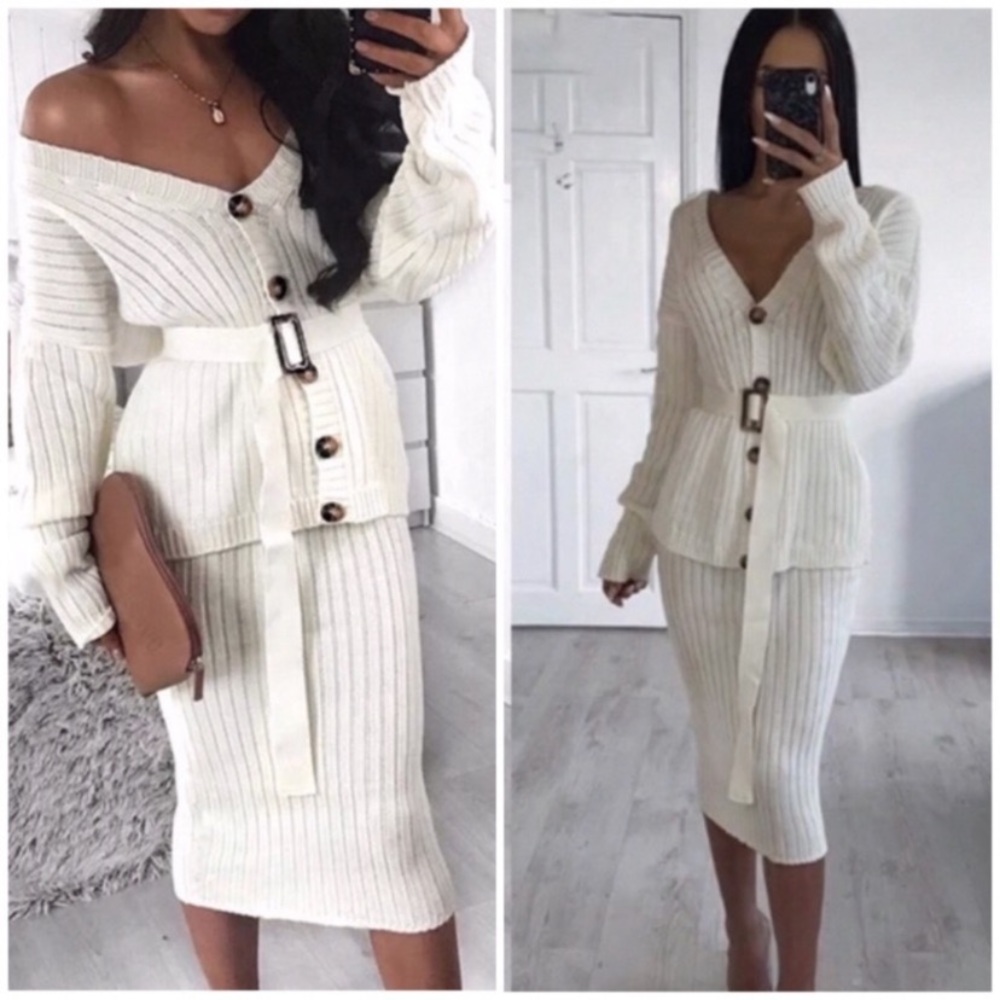 SOLD OUT CLEARANCE Ivory Button Belt Sweater Knit 2 Pc Midi Skirt Set - Picture 1 of 2